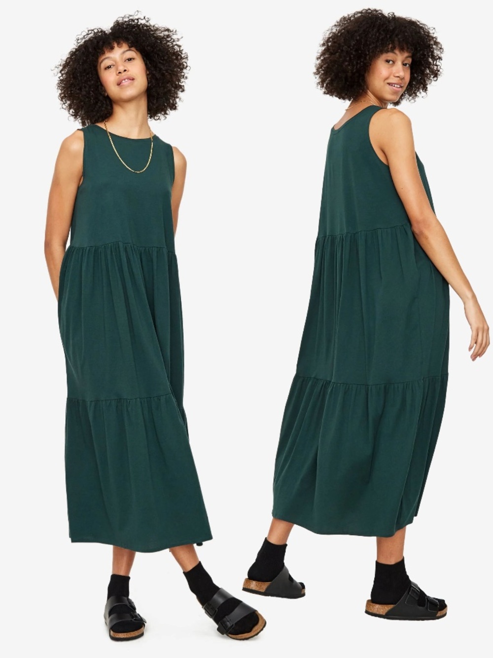 Kowtow Dark Green Sleeveless Tiered Maxi Dress. Size S.